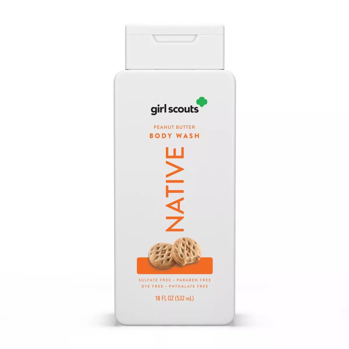 Native Girl Scouts Cookies Peanut Butter Body Wash bottle with almond scent for all skin types.
