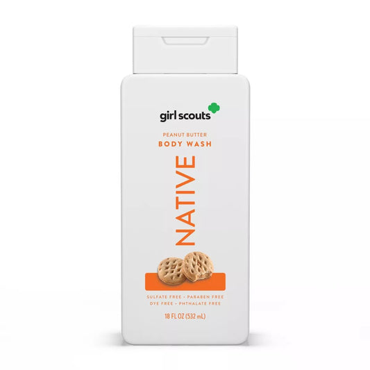 Native Girl Scouts Cookies Peanut Butter Body Wash bottle with almond scent for all skin types.