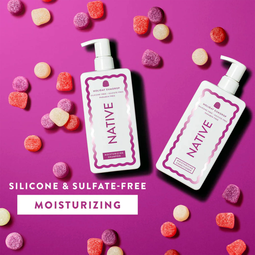 Native Holiday Gumdrop conditioner bottle pour shows smooth dispensing for hydrating routines.