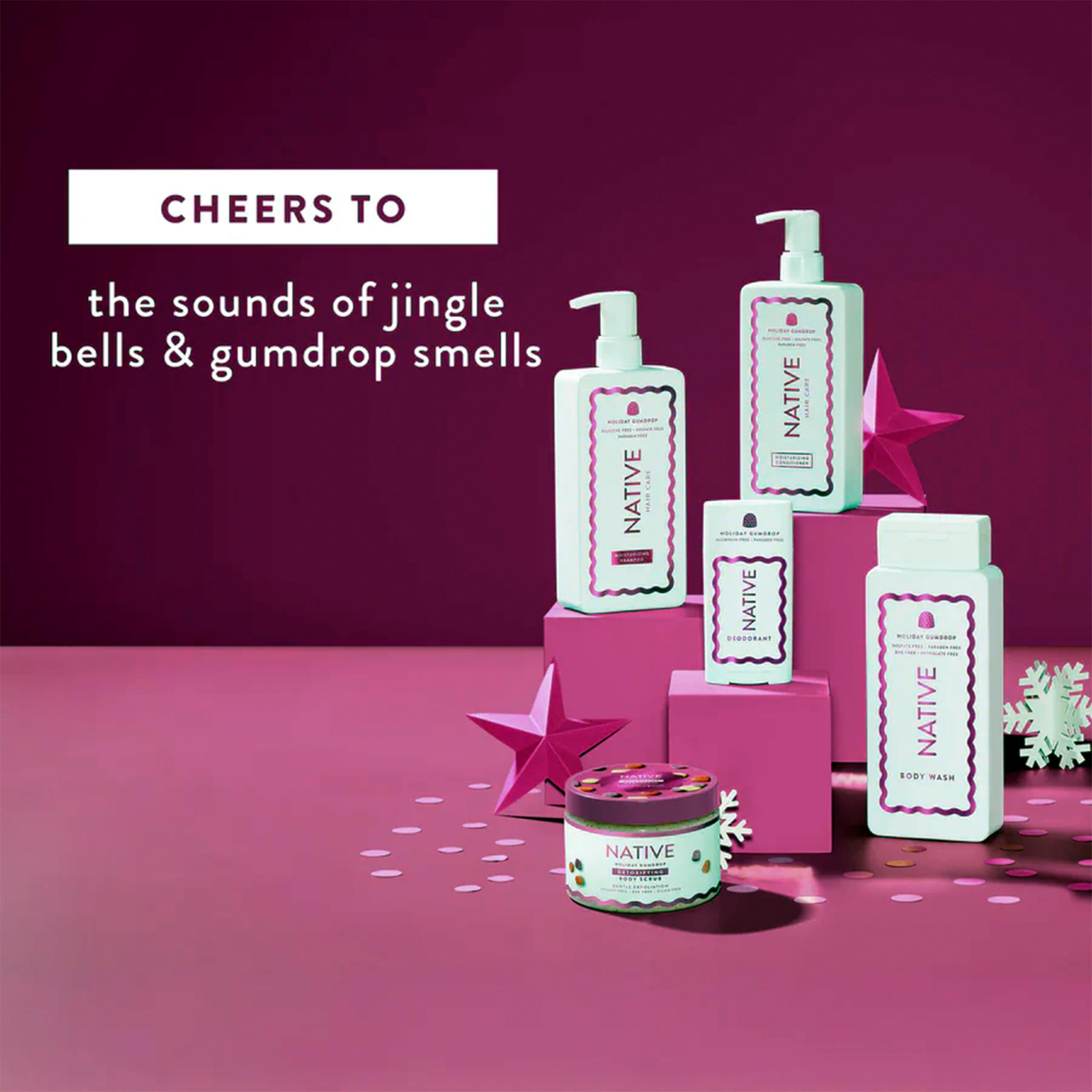 Native Holiday Gumdrop packaging sleeve evokes holiday vibes while signaling a sulfate-free formula.