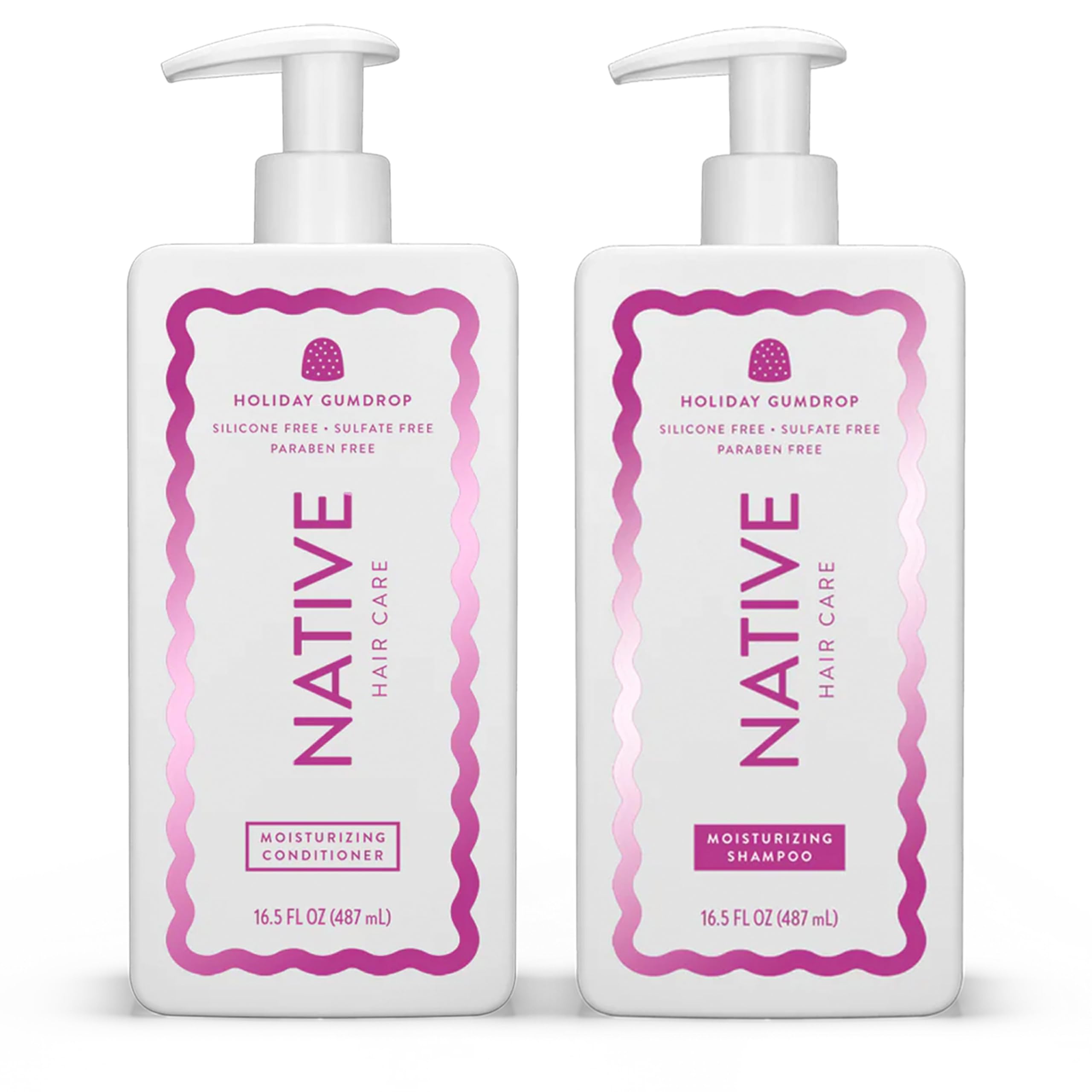 Native Holiday Gumdrop shampoo bottle pour highlights easy grip for quick cleansing.