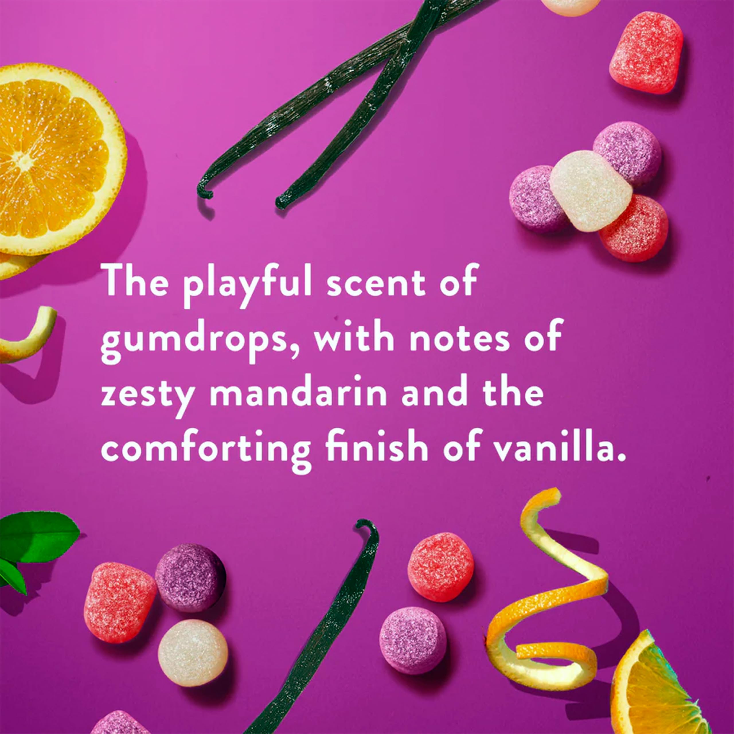 Native Holiday Gumdrop shampoo label design conveys citrus notes and festive appeal.