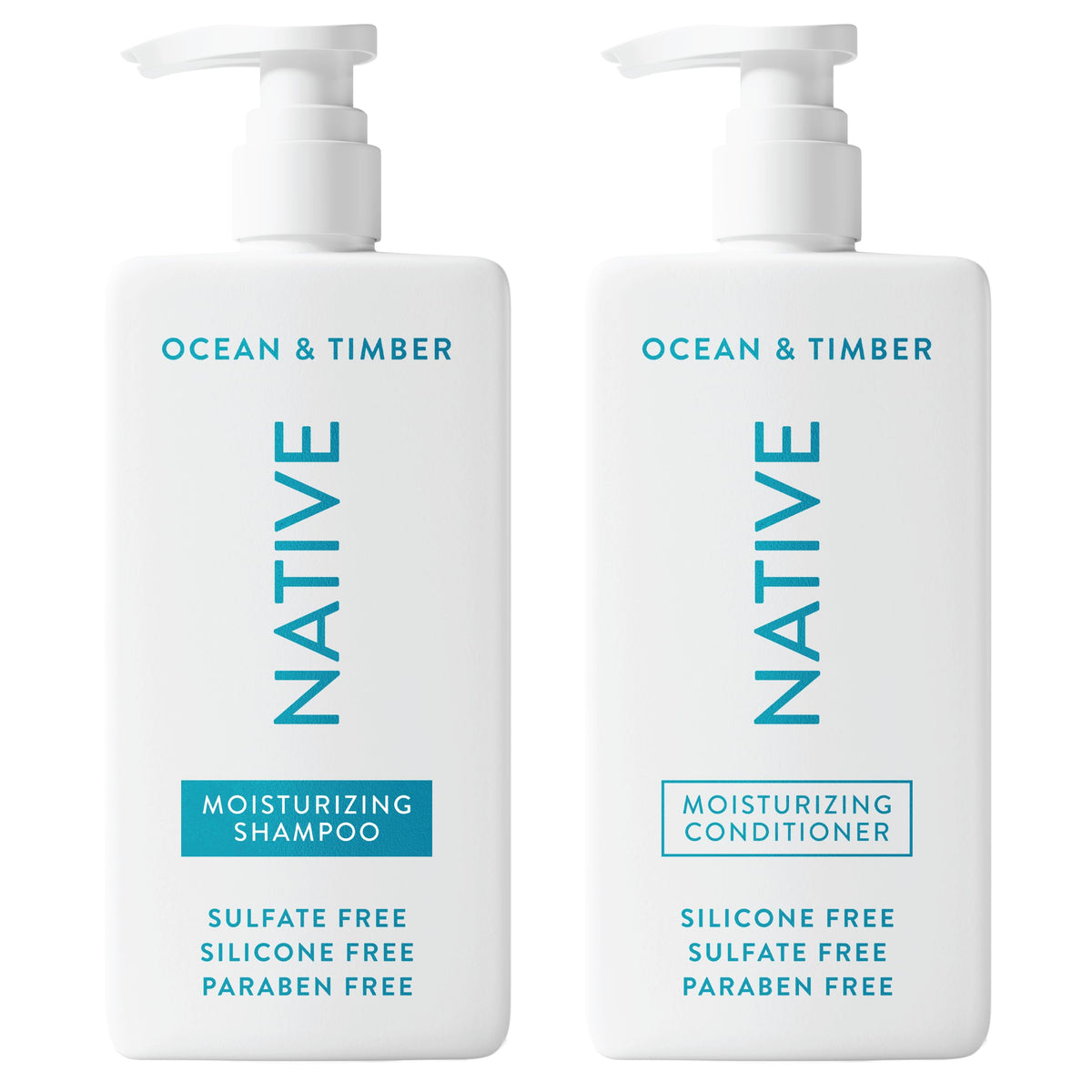 Native Ocean & Timber shampoo bottle pour highlights refreshing scent and hydration