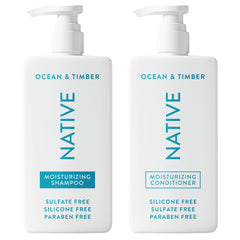 Native Ocean & Timber shampoo bottle pour highlights refreshing scent and hydration