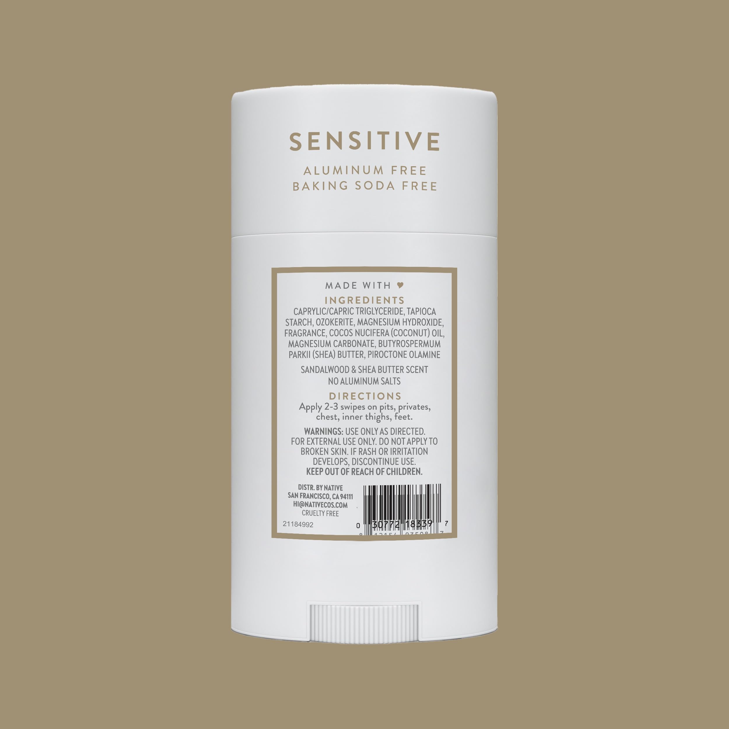Native sensitive skin deodorant suitable for chest, underarms, and more.