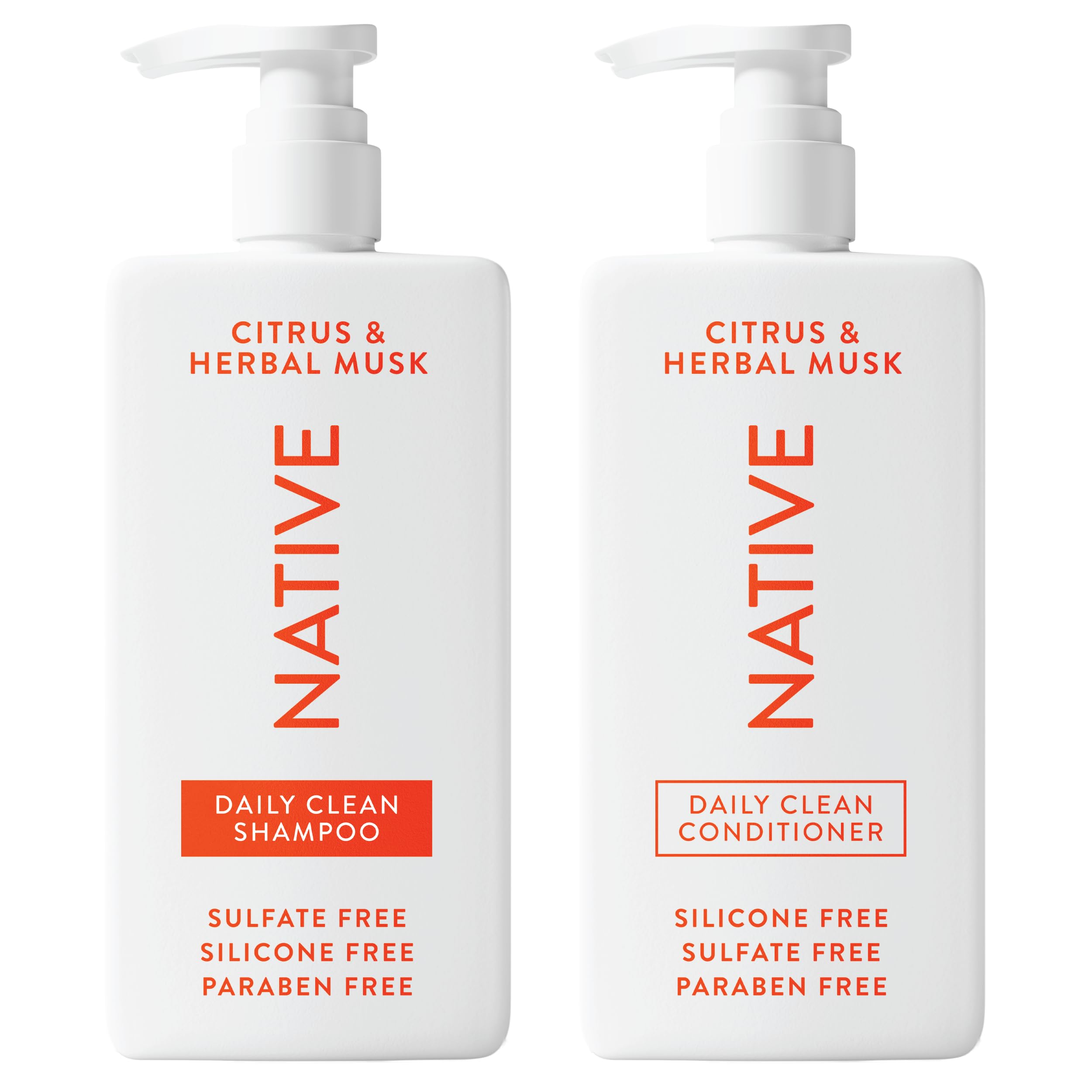 Native shampoo bottle front showcasing natural ingredients and citrus-herbal musk fragrance.