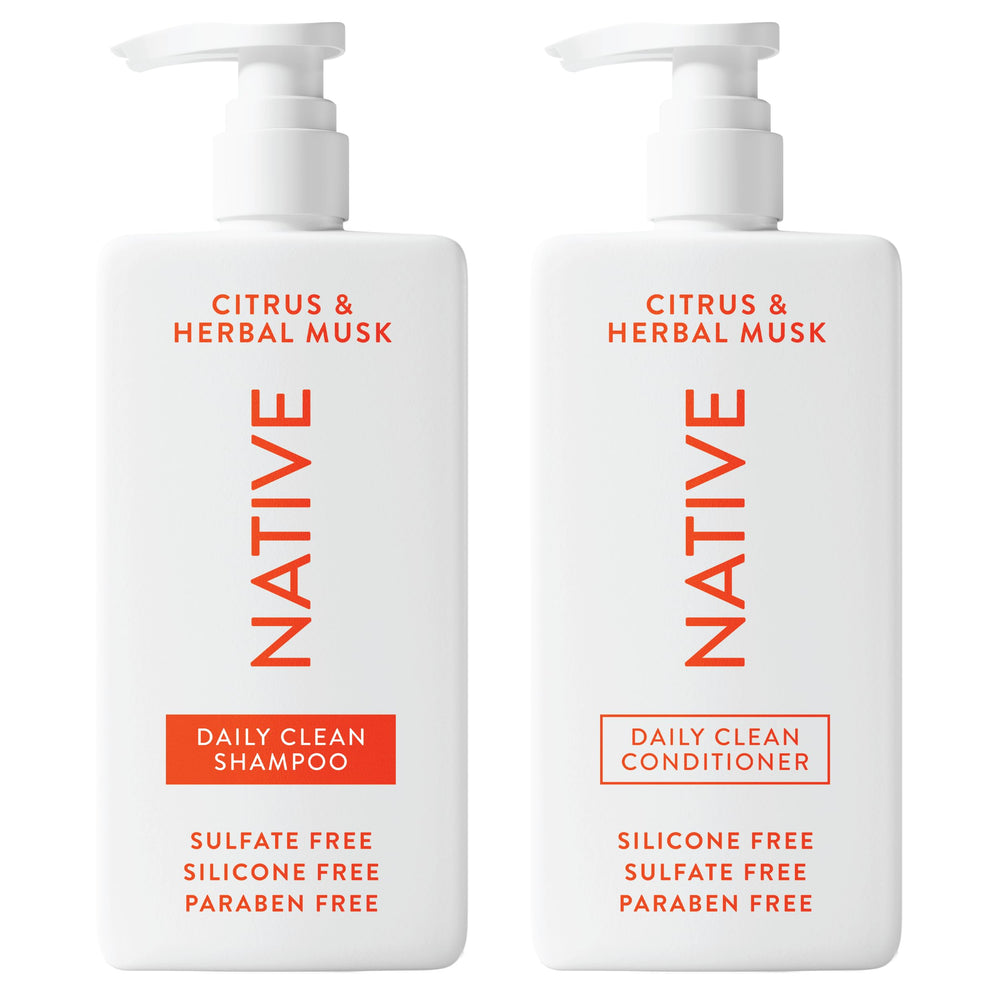Native shampoo bottle front showcasing natural ingredients and citrus-herbal musk fragrance.