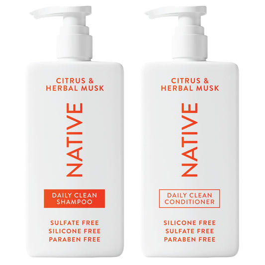 Native shampoo bottle front showcasing natural ingredients and citrus-herbal musk fragrance.