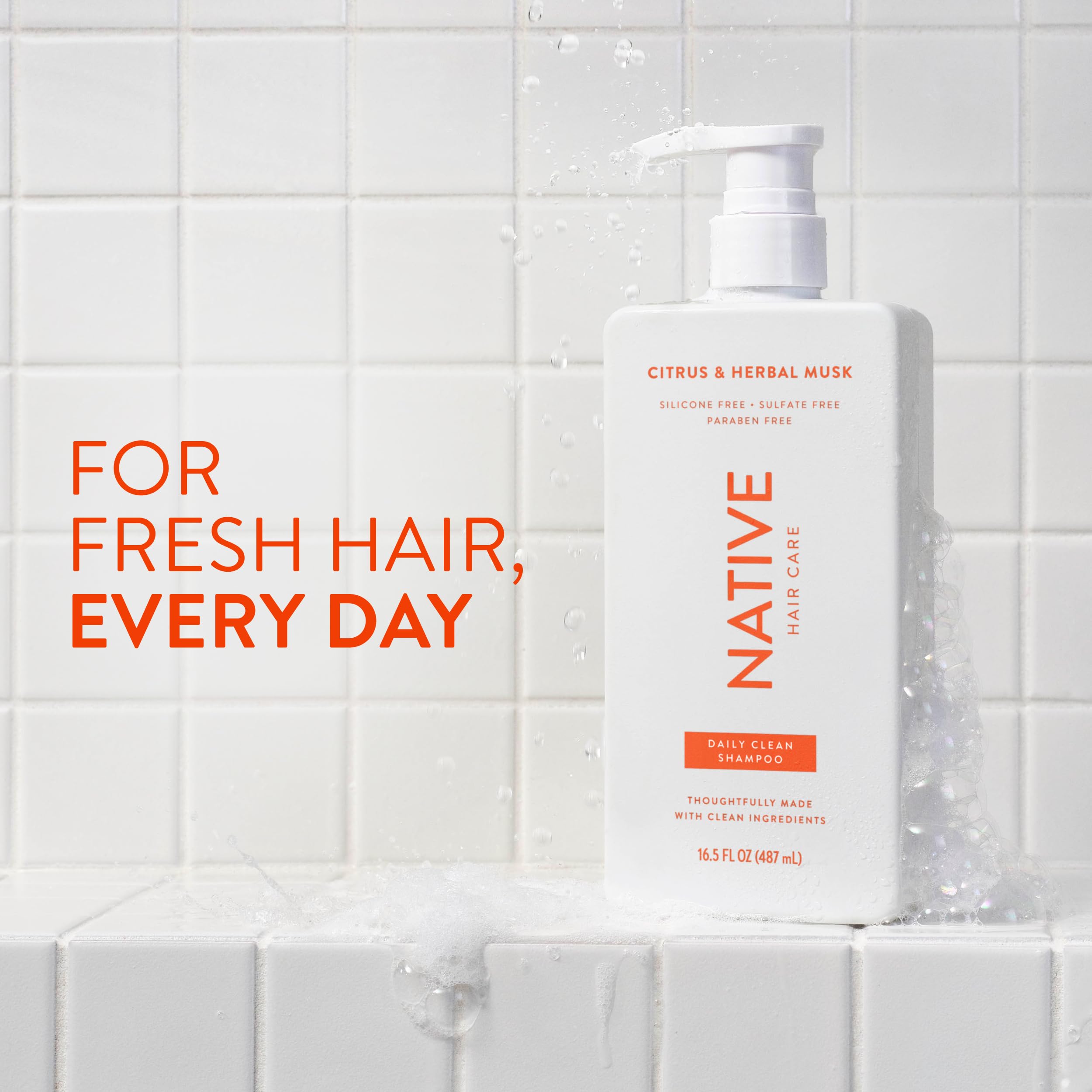 Native shampoo bottle side detailing silicone-free formula for sulfate-free cleansing.