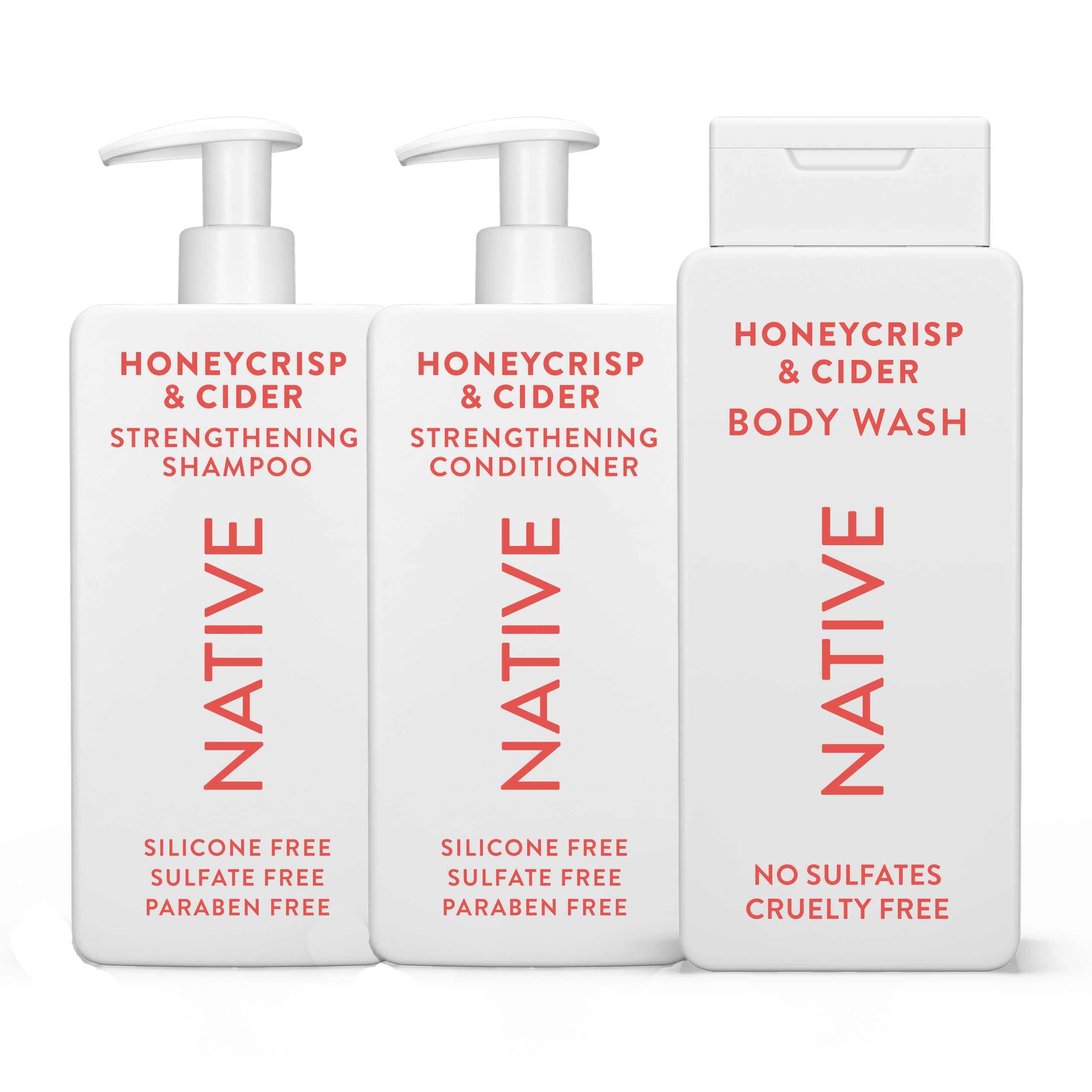 Native shampoo, conditioner, and body wash trio displayed for refreshed hair and skin
