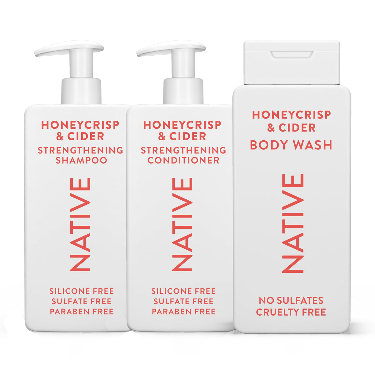 Native shampoo, conditioner, and body wash trio displayed for refreshed hair and skin