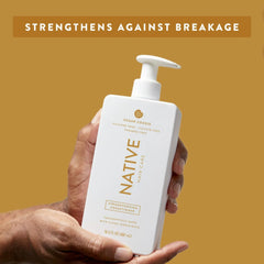 Native shampoo foamy lather close-up suggests thorough cleansing and cozy aroma.