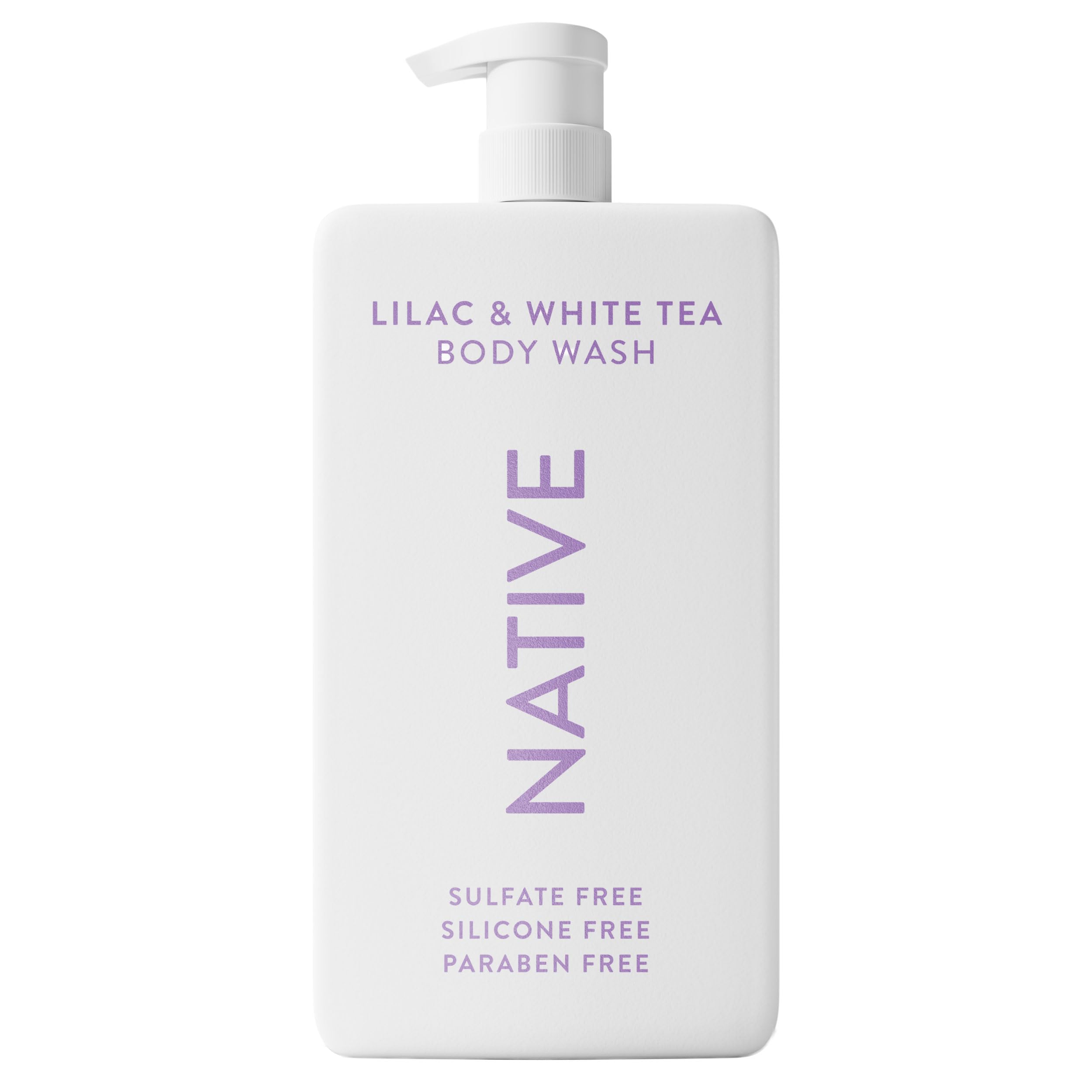 Native sulfate-free body wash lilac-white-tea bottle; luxurious lather for daily cleansing