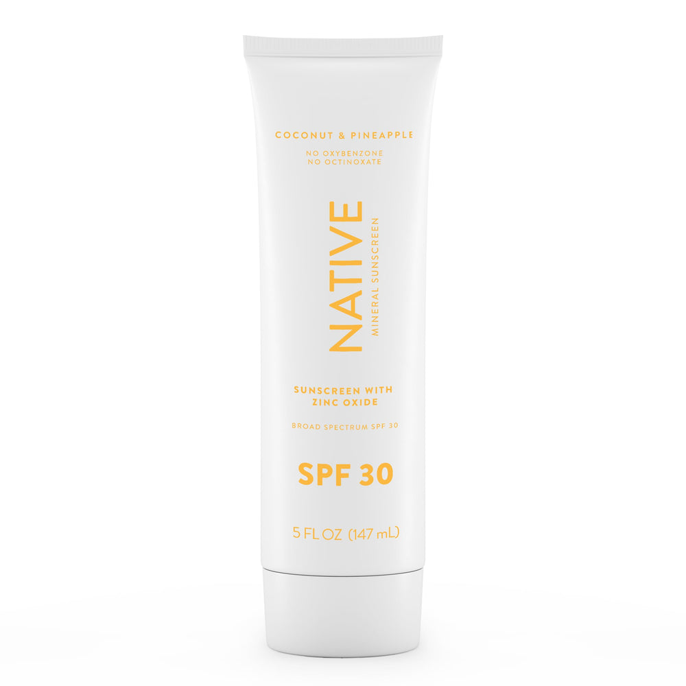 Native Sunscreen SPF 30 with pineapple-coconut scent for daily beach protection.