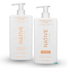Native Toasted Vanilla & Honey shampoo bottle shows gentle cleansing and hydration.
