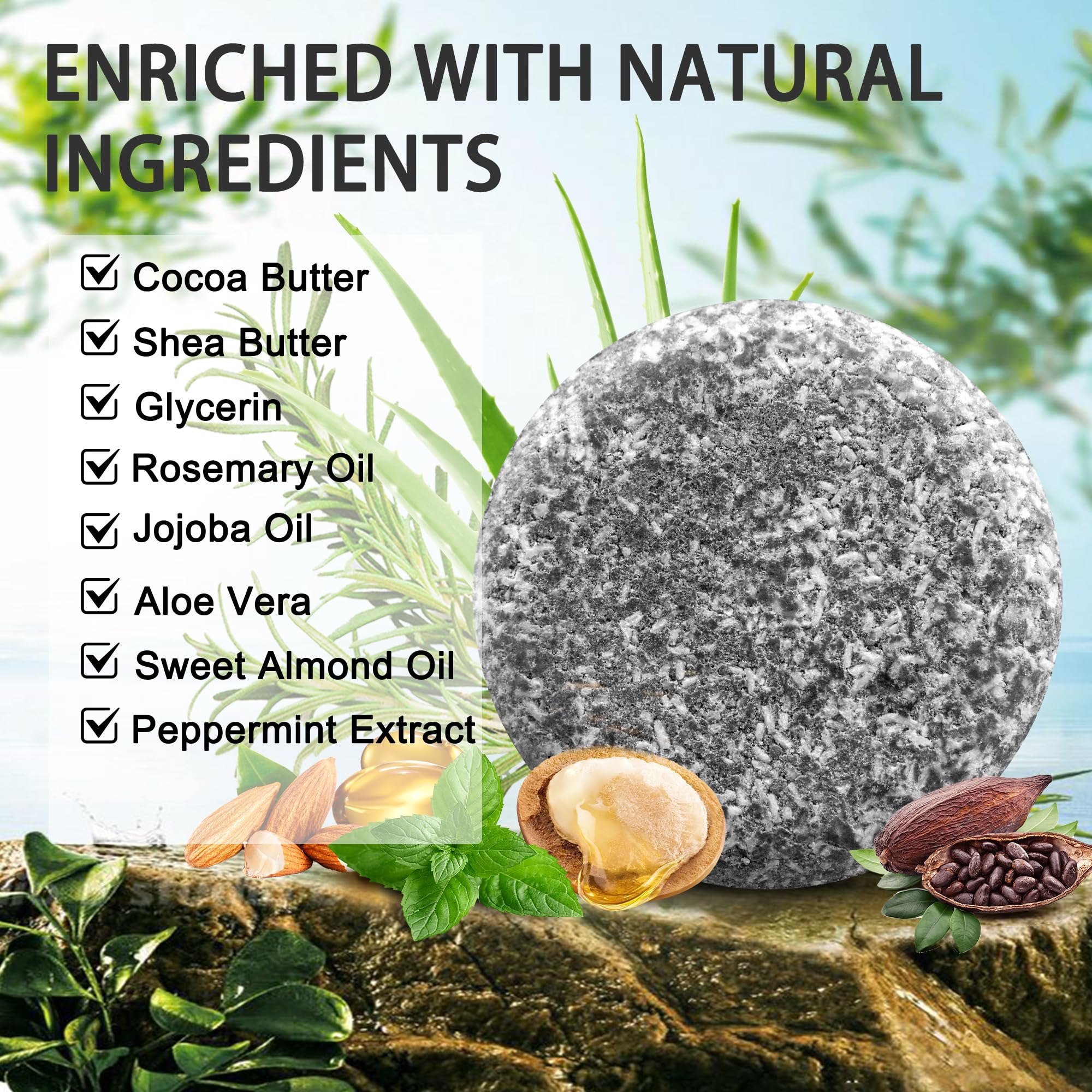 Natouch shampoo bar close-up shows cocoa butter and essential oils texture.