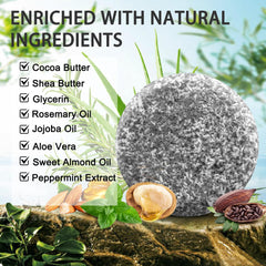 Natouch shampoo bar close-up shows cocoa butter and essential oils texture.