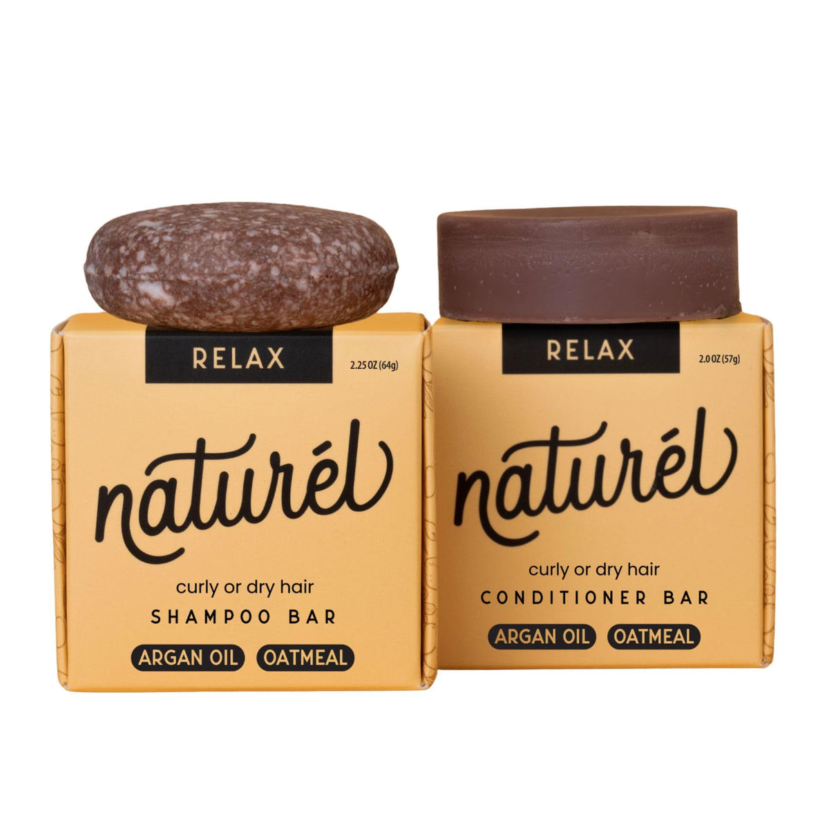 NATURÉL Relax shampoo bar packaging highlights vegan formula for smooth curls.