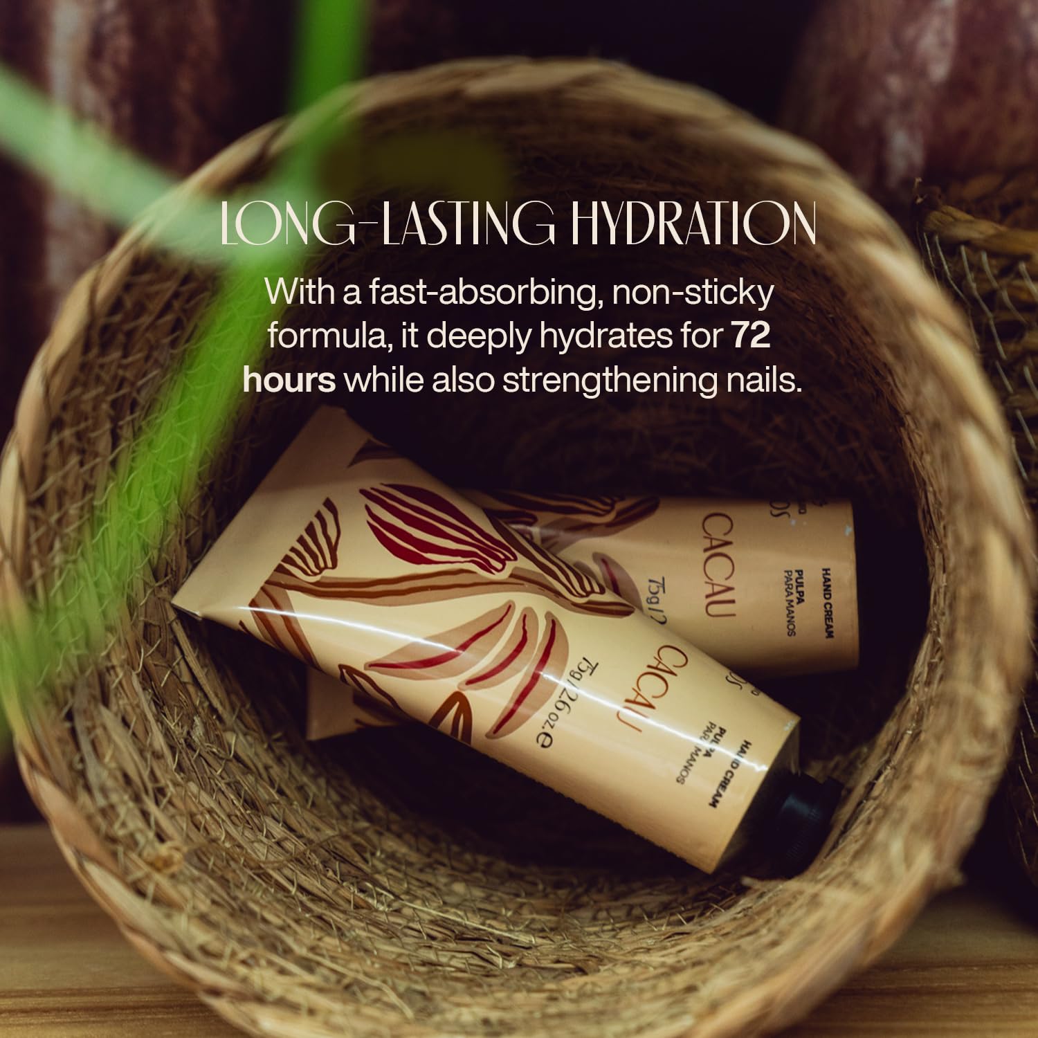 Applying Natura Ekos Cacau hand cream to palms for instant softness