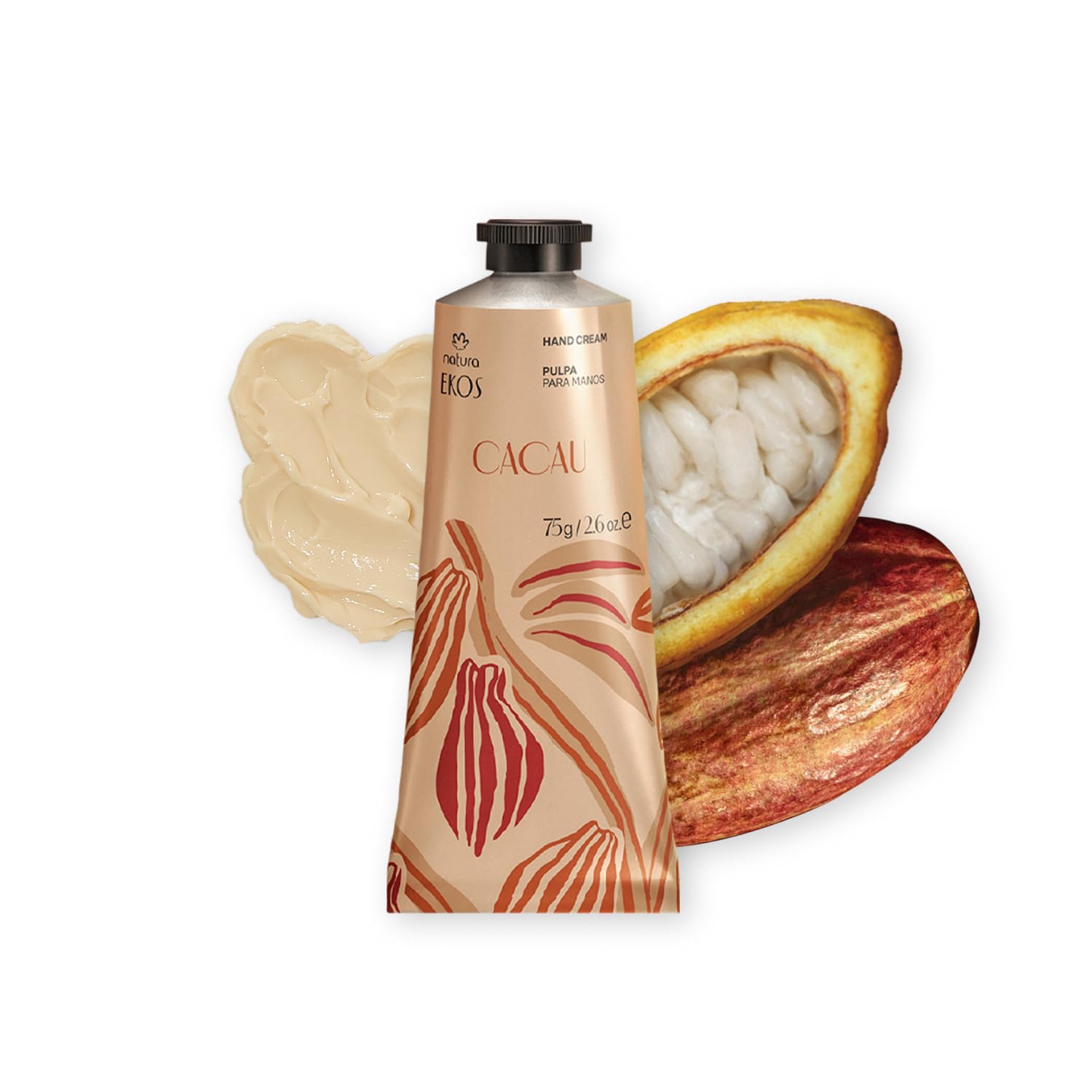 Natura Ekos Cacau hand cream packaging highlighting cocoa-inspired design for vegan skincare enthusiasts