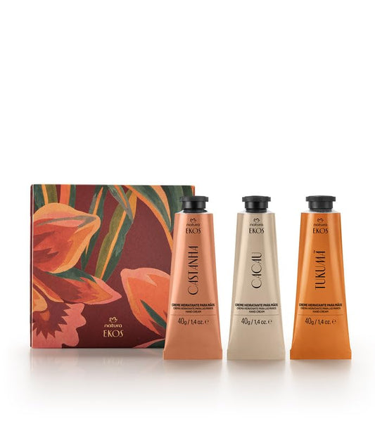 Natura Ekos hand cream trio packaging, a perfect gift set for pampered hands.