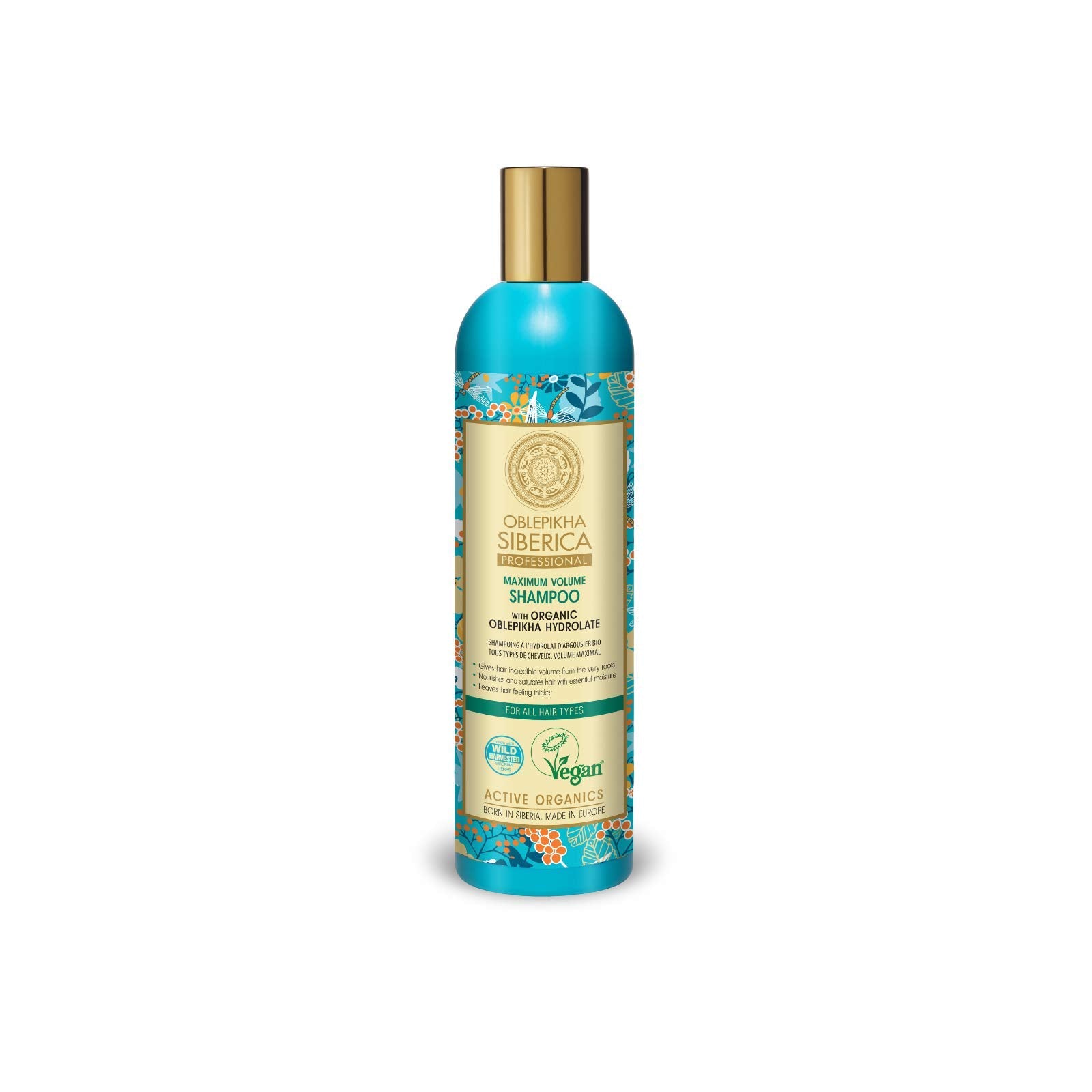 Natura Siberica Oblepikha Shampoo bottle front showing organic formula for voluminous roots.