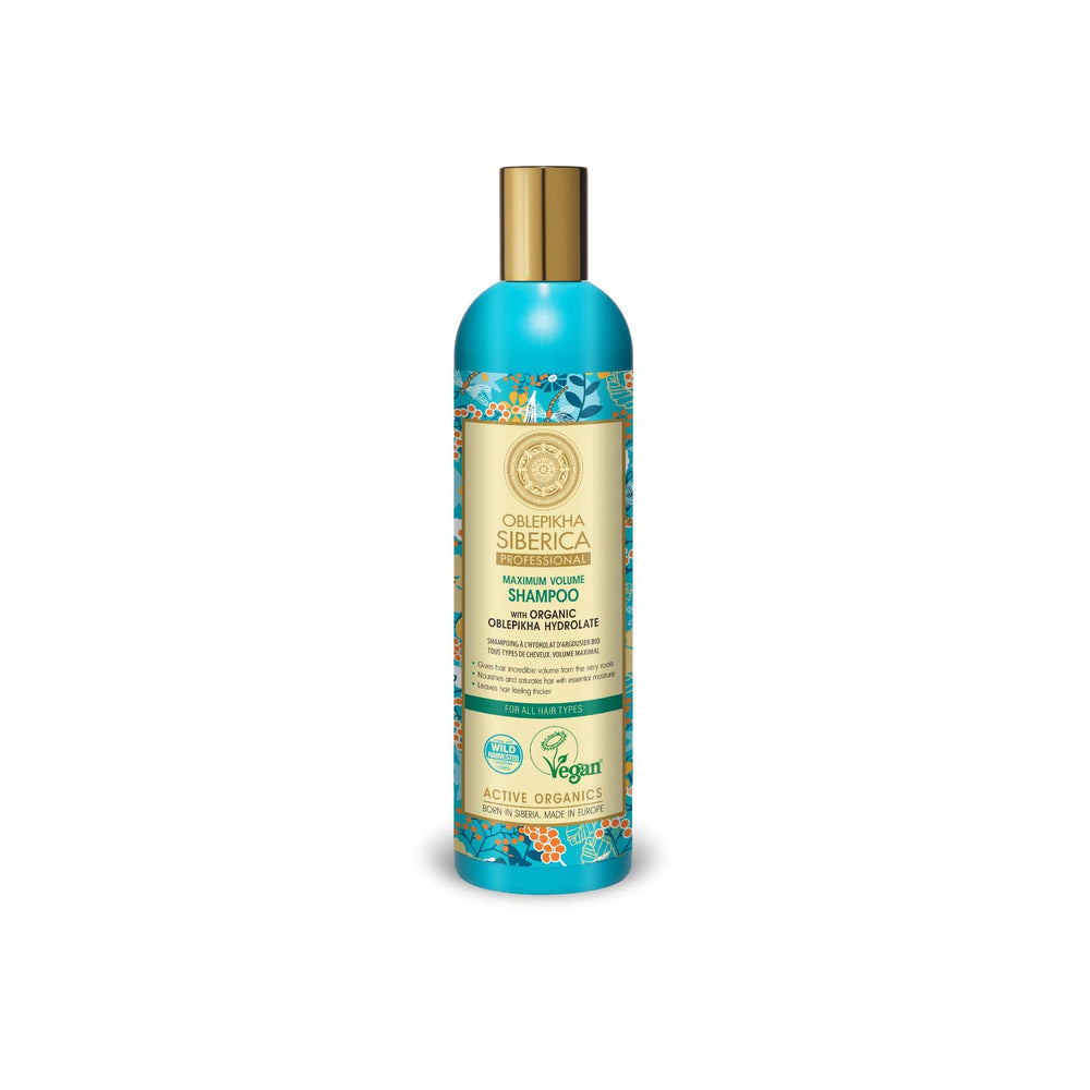 Natura Siberica Oblepikha Shampoo bottle front showing organic formula for voluminous roots.