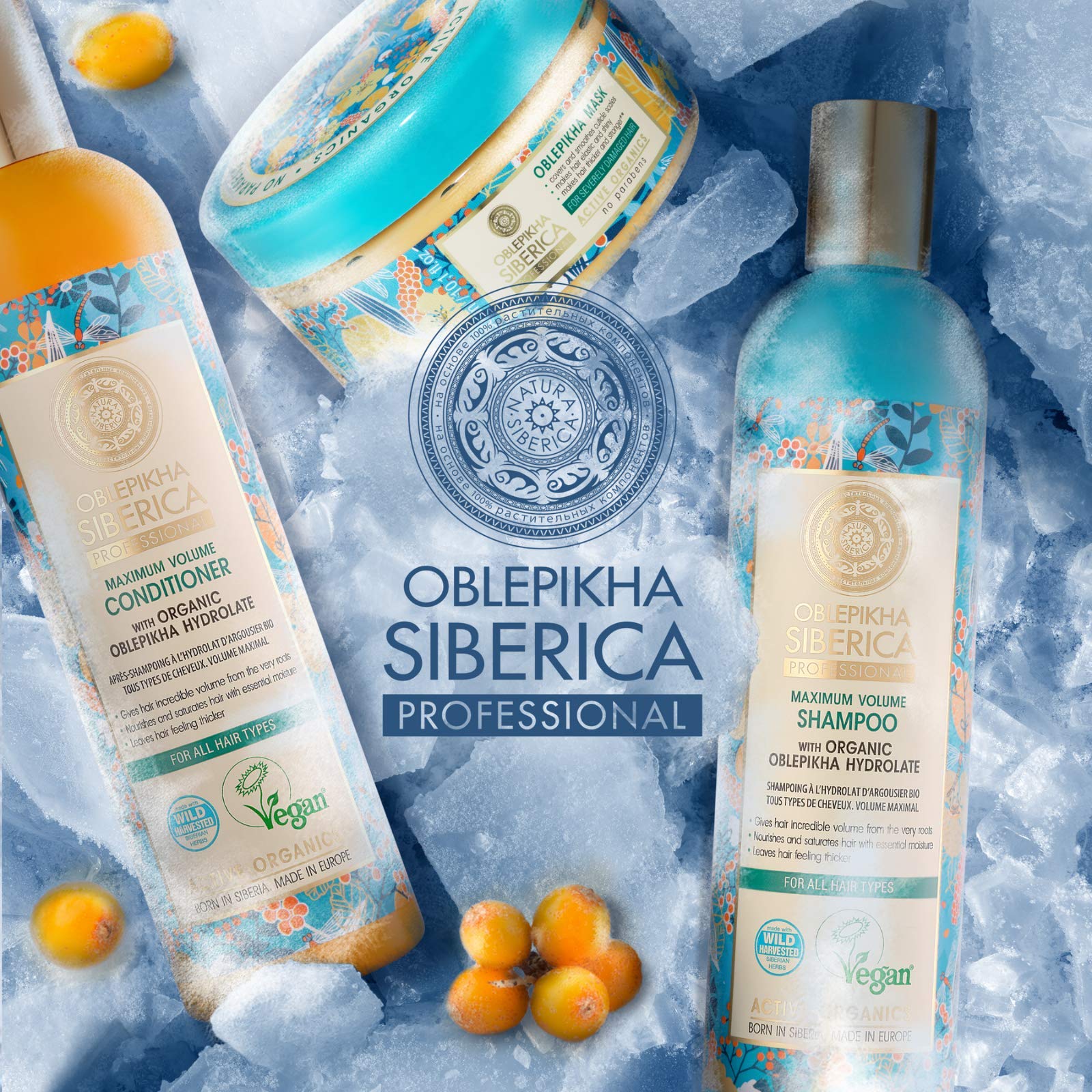 Natura Siberica Oblepikha Shampoo lather close-up conveying gentle cleansing and root lift.