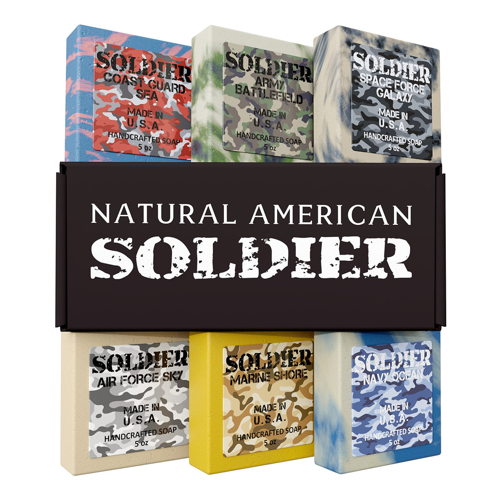 NATURAL AMERICAN SOLDIER bar soap 6-pack front view for daily manly cleansing.