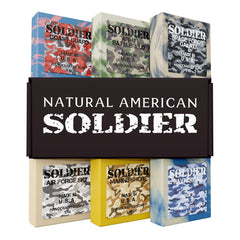 NATURAL AMERICAN SOLDIER bar soap 6-pack front view for daily manly cleansing.