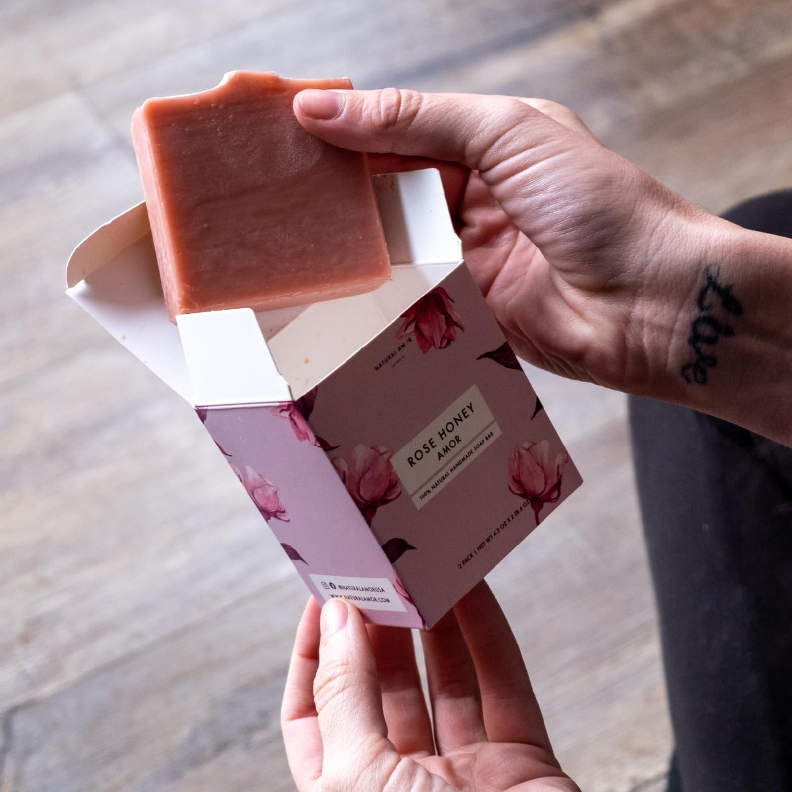 Natural Amor cold process soap crafted with olive oil and coconut oil for gentle cleansing.