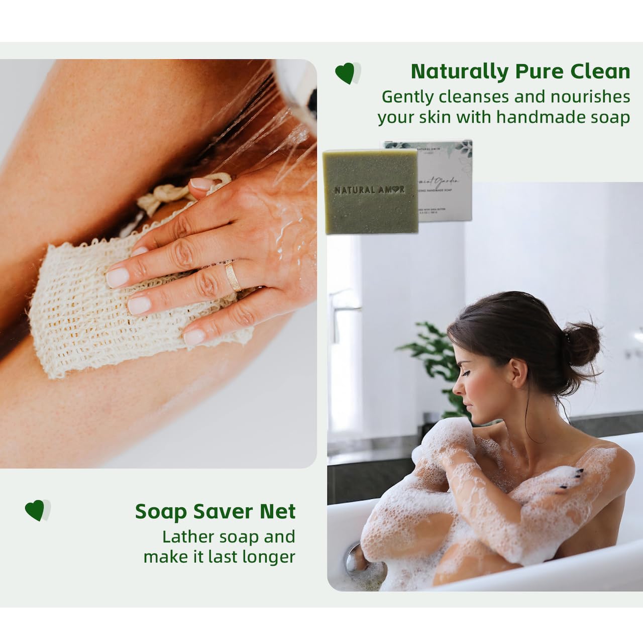 Natural Amor Green Spa Gift Set soap saver net for easy rinsing.