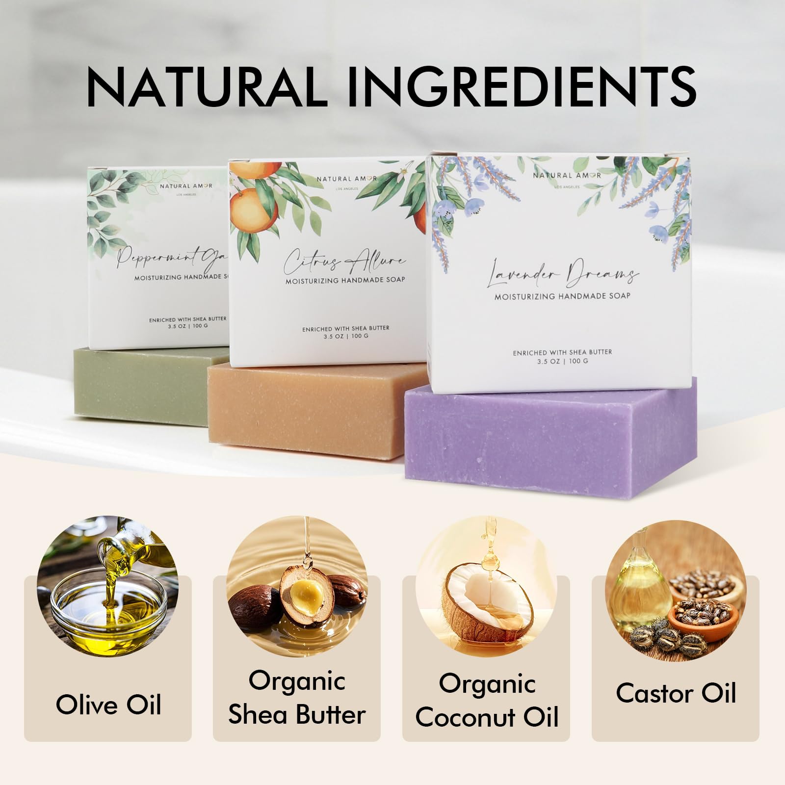 Natural Amor Peppermint soap bar showing cool, refreshing lather for invigorating shower experiences