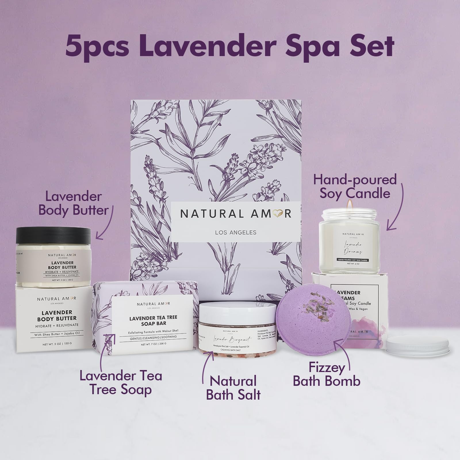 Natural Amor Los Angeles lavender bath bomb creating a soothing, fragrant soak.