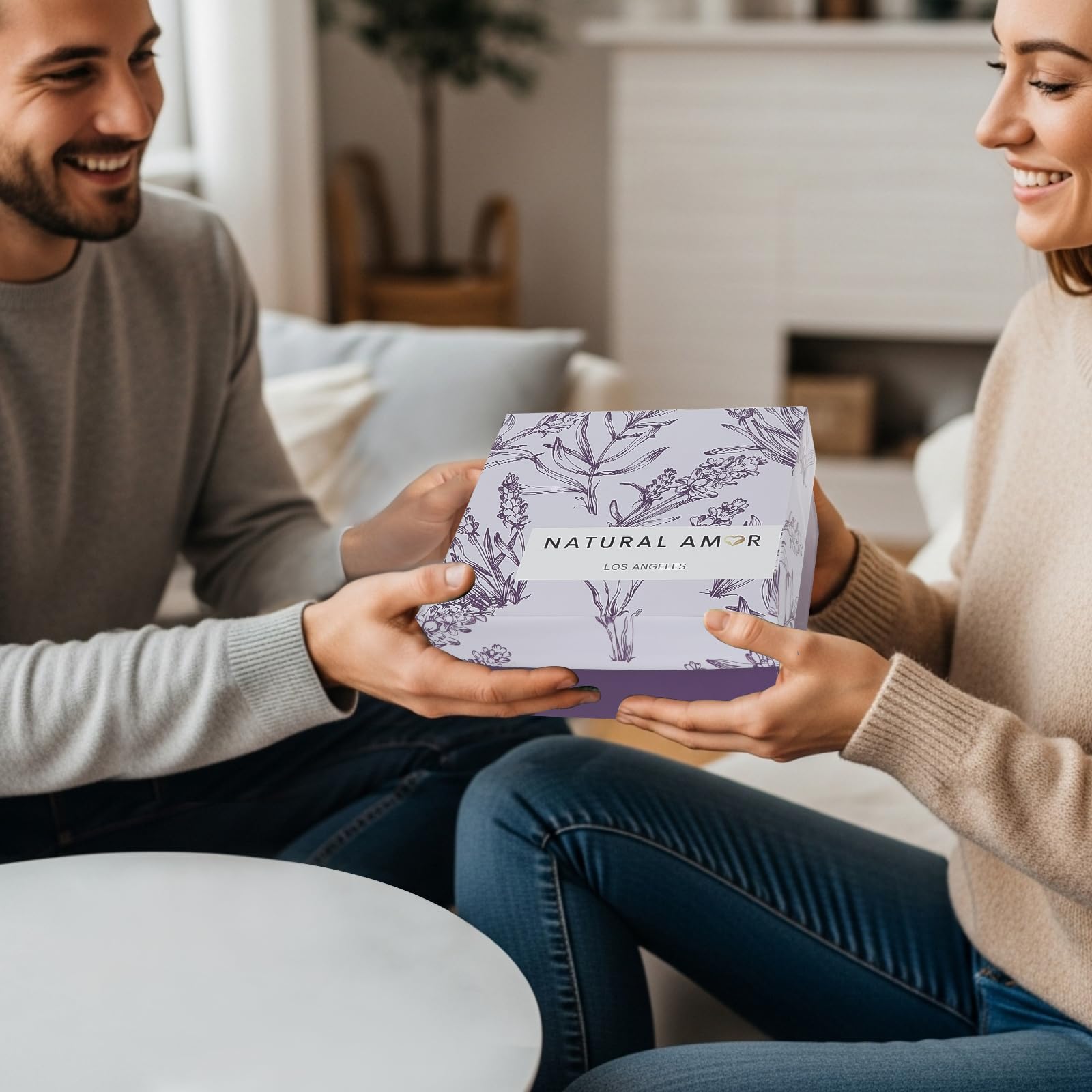Natural Amor Los Angeles gift set layout, showcasing cohesive lavender self-care pieces.