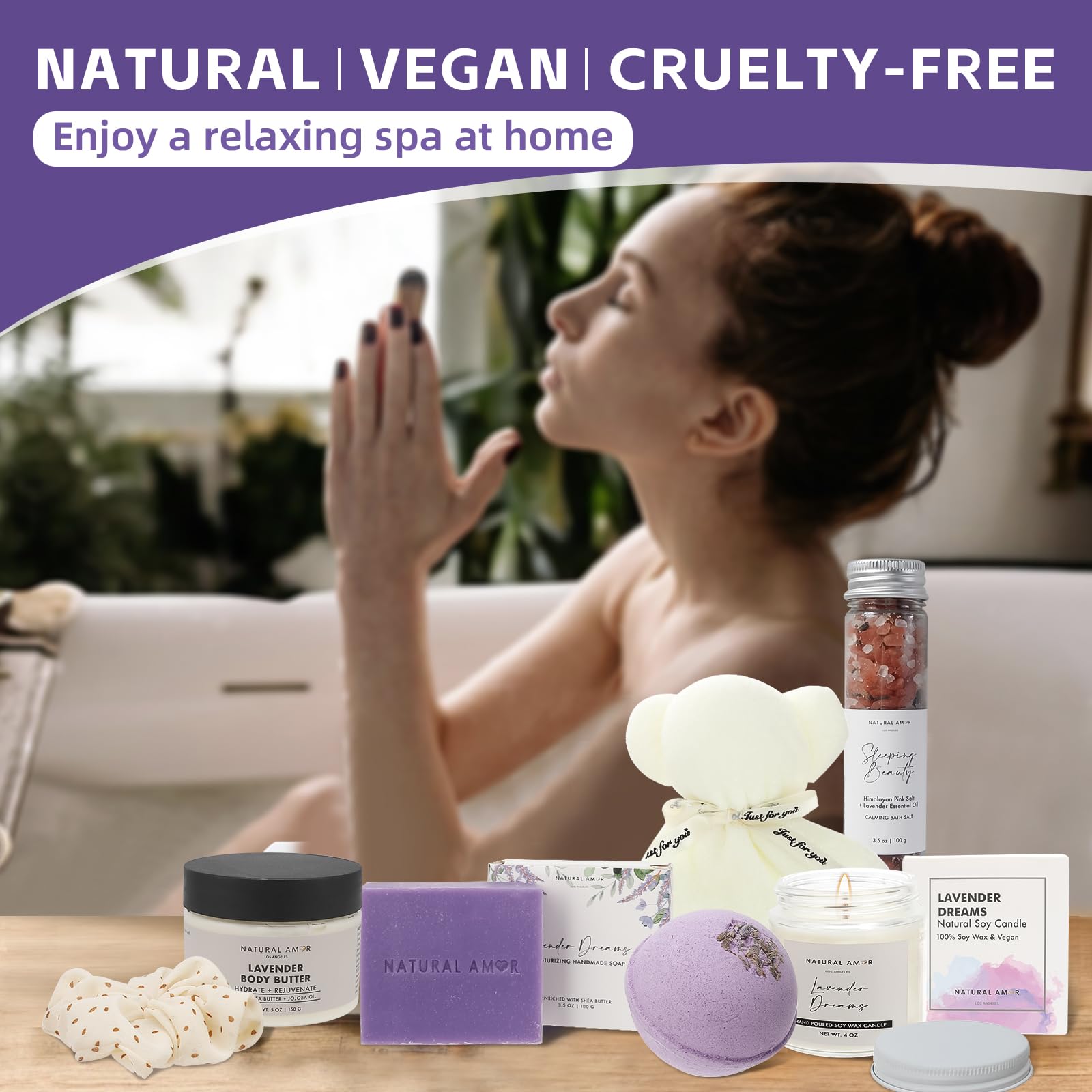 Natural Amor Los Angeles spa gift set box highlights a pampering self-care routine.