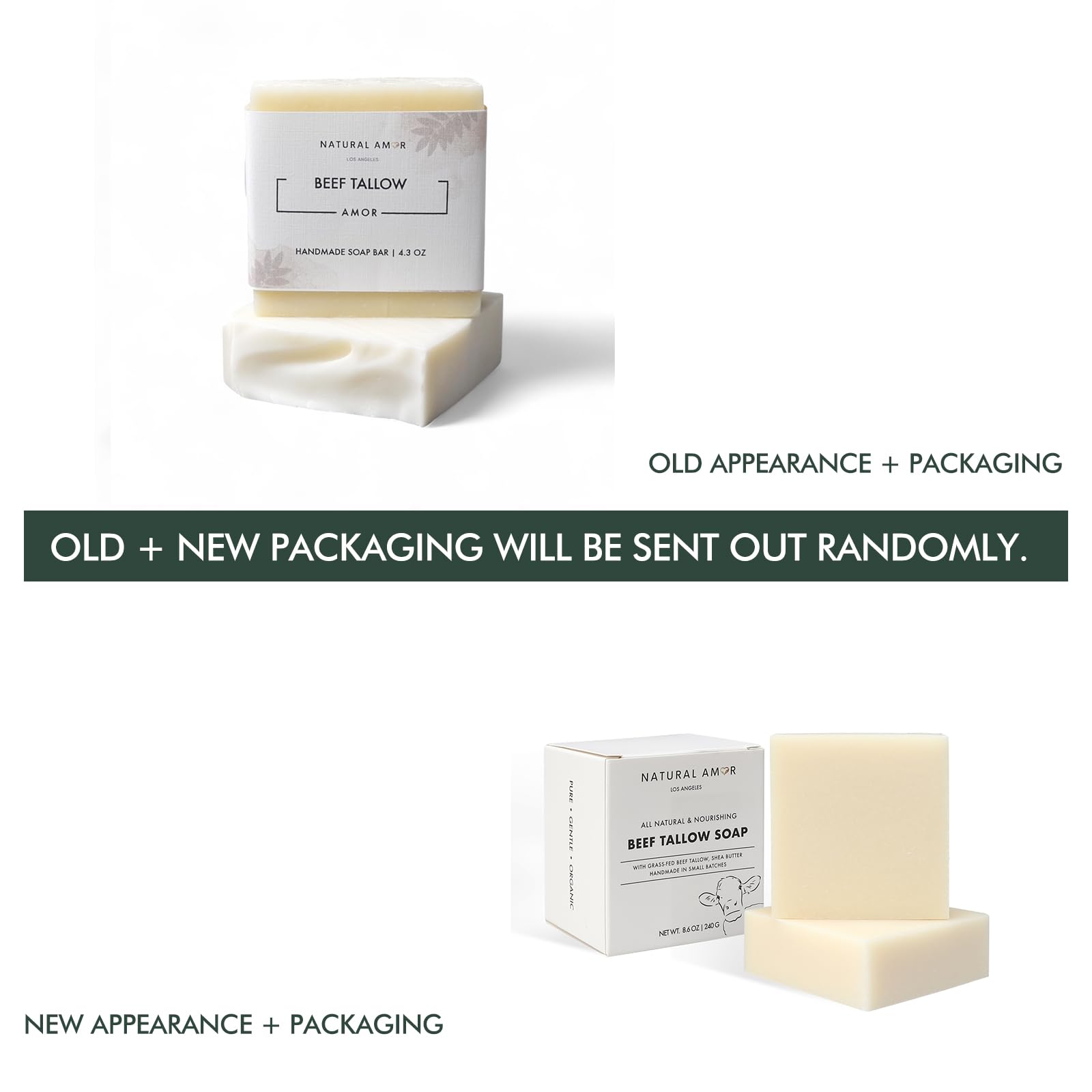 Natural Amor Los Angeles unscented tallow soap bar 2-pack ingredients display with nourishing oils.