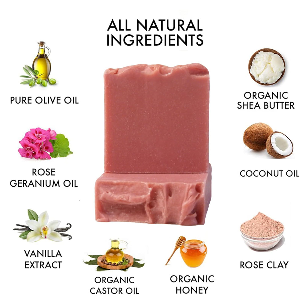 Natural Amor Rose Clay color soap shows a natural pink hue and rich lather.