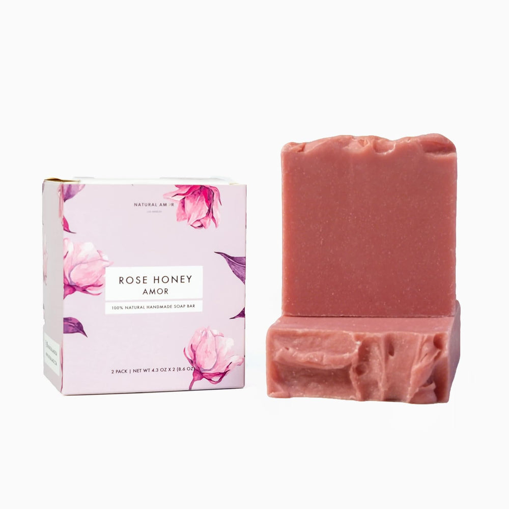 Natural Amor Rose Geranium Soap bar with rose clay for gentle pink hue and creamy lather, nourishing skin.