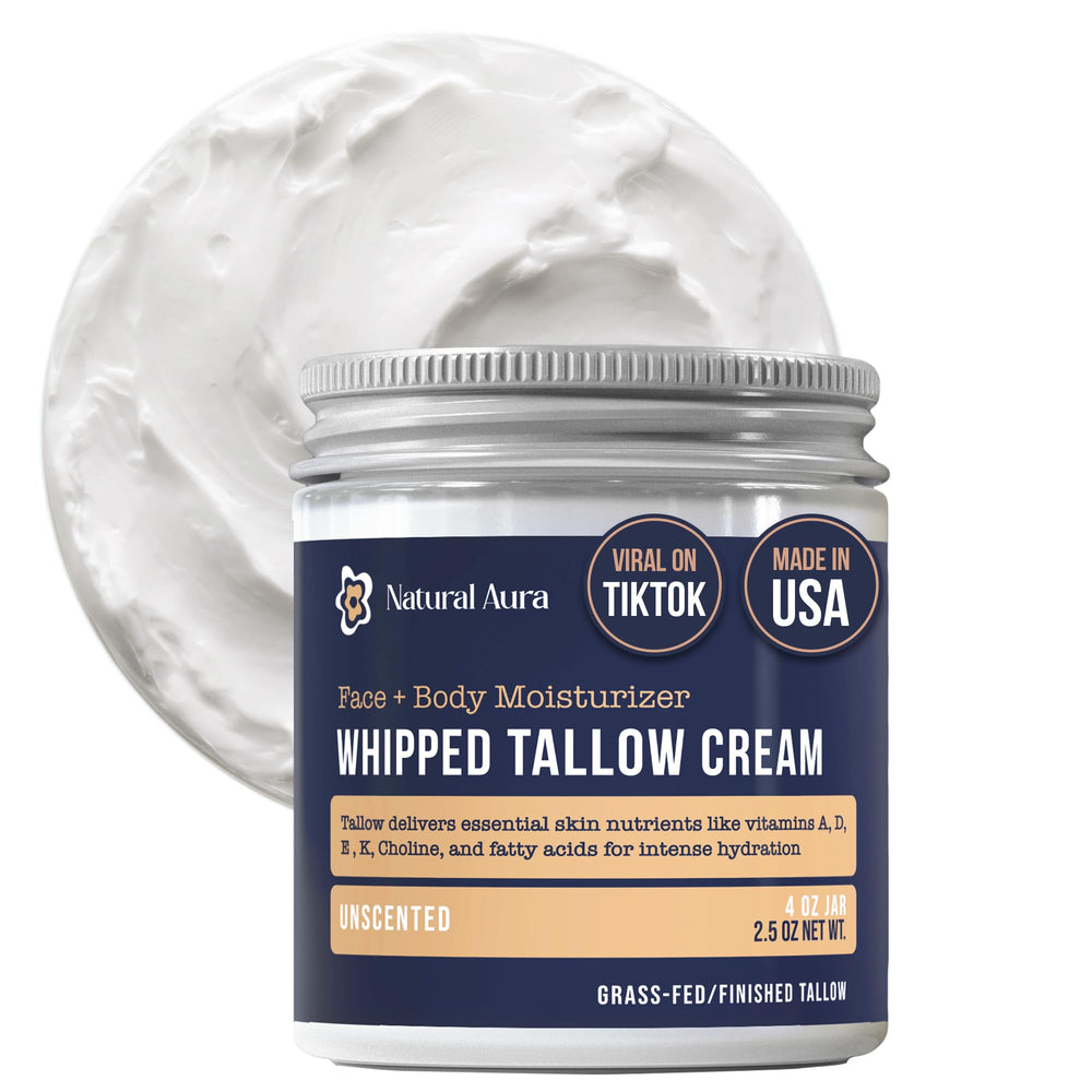 Natural Aura whipped tallow jar ready for deep hydration on skin