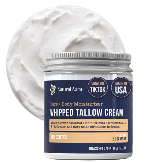 Natural Aura whipped tallow jar ready for deep hydration on skin
