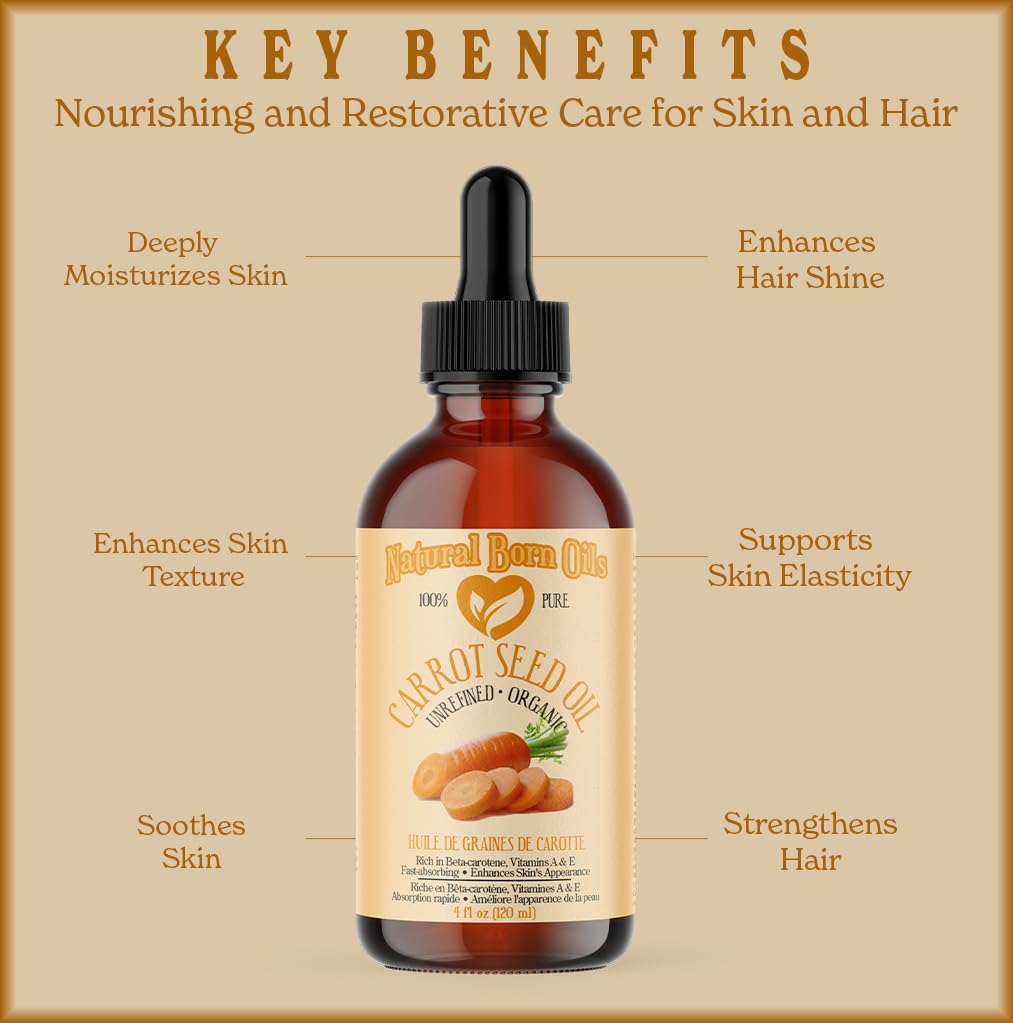 Natural Born Oils Carrot Seed Oil improves skin tone and texture.