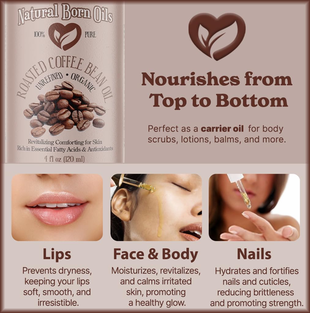 Natural Born Oils coffee oil on hair, adding shine and manageability