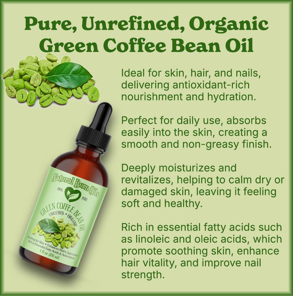 Natural Born Oils Green Coffee Bean Oil label close-up highlighting organic purity.