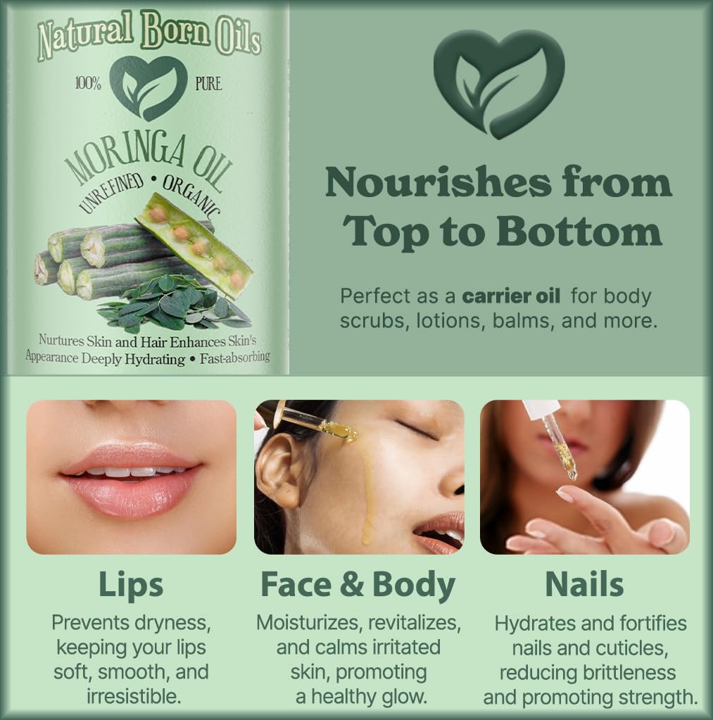Natural Born Oils Moringa Oil easily absorbs into the skin.