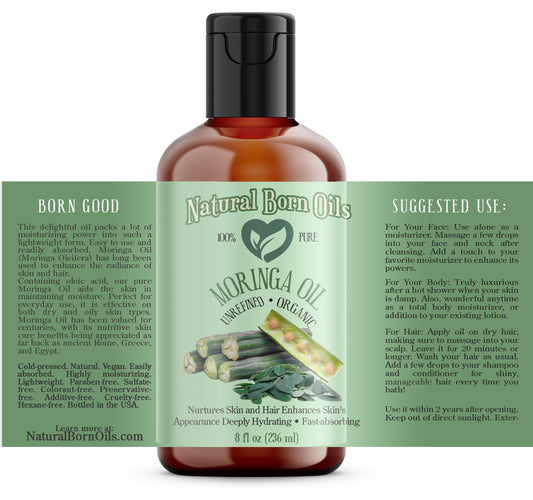 Natural Born Oils Moringa Oil close-up shows greenish-gold purity and antioxidants.