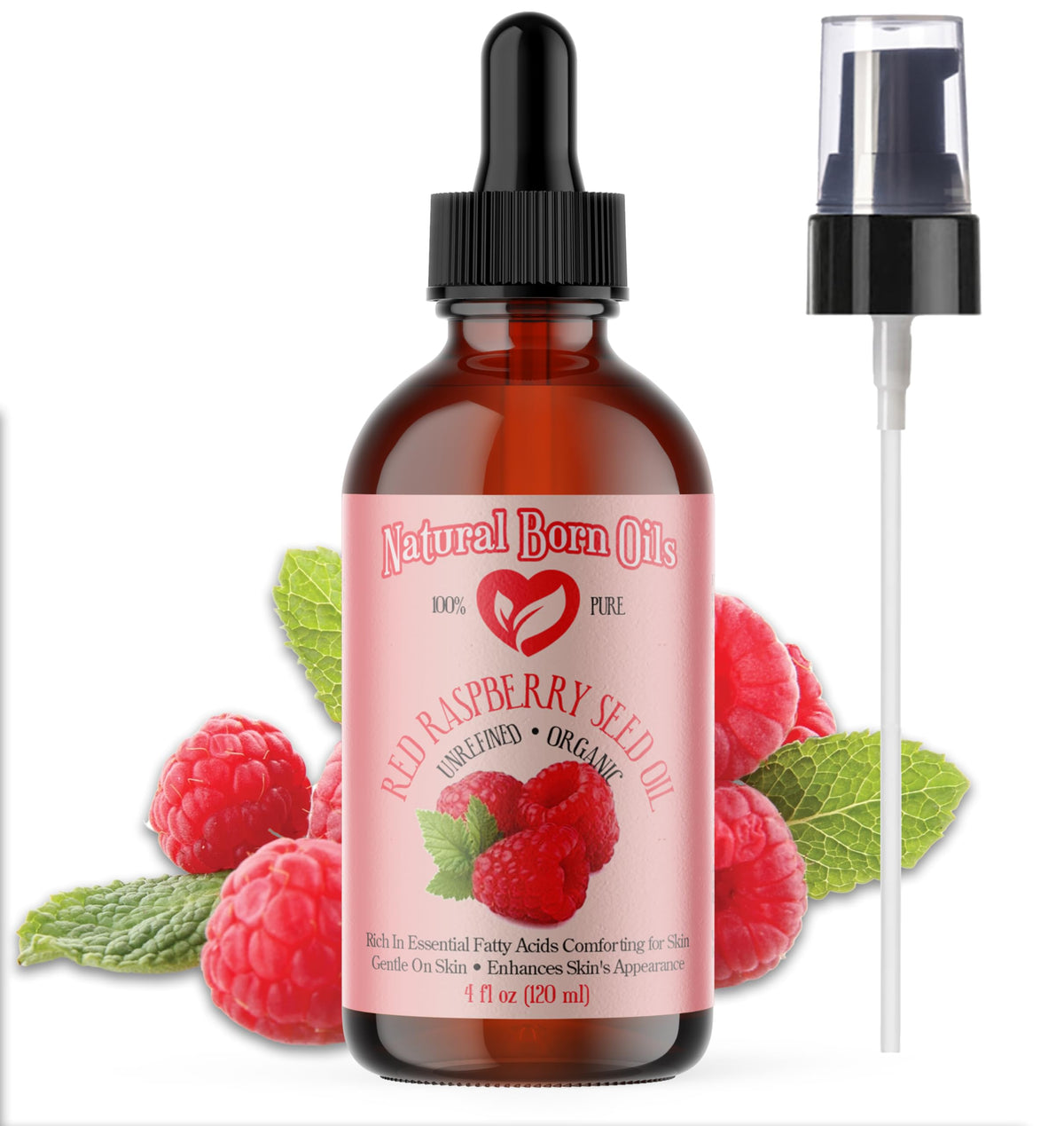 Natural Born Oils red raspberry seed oil bottle closeup for pure skin hydration.