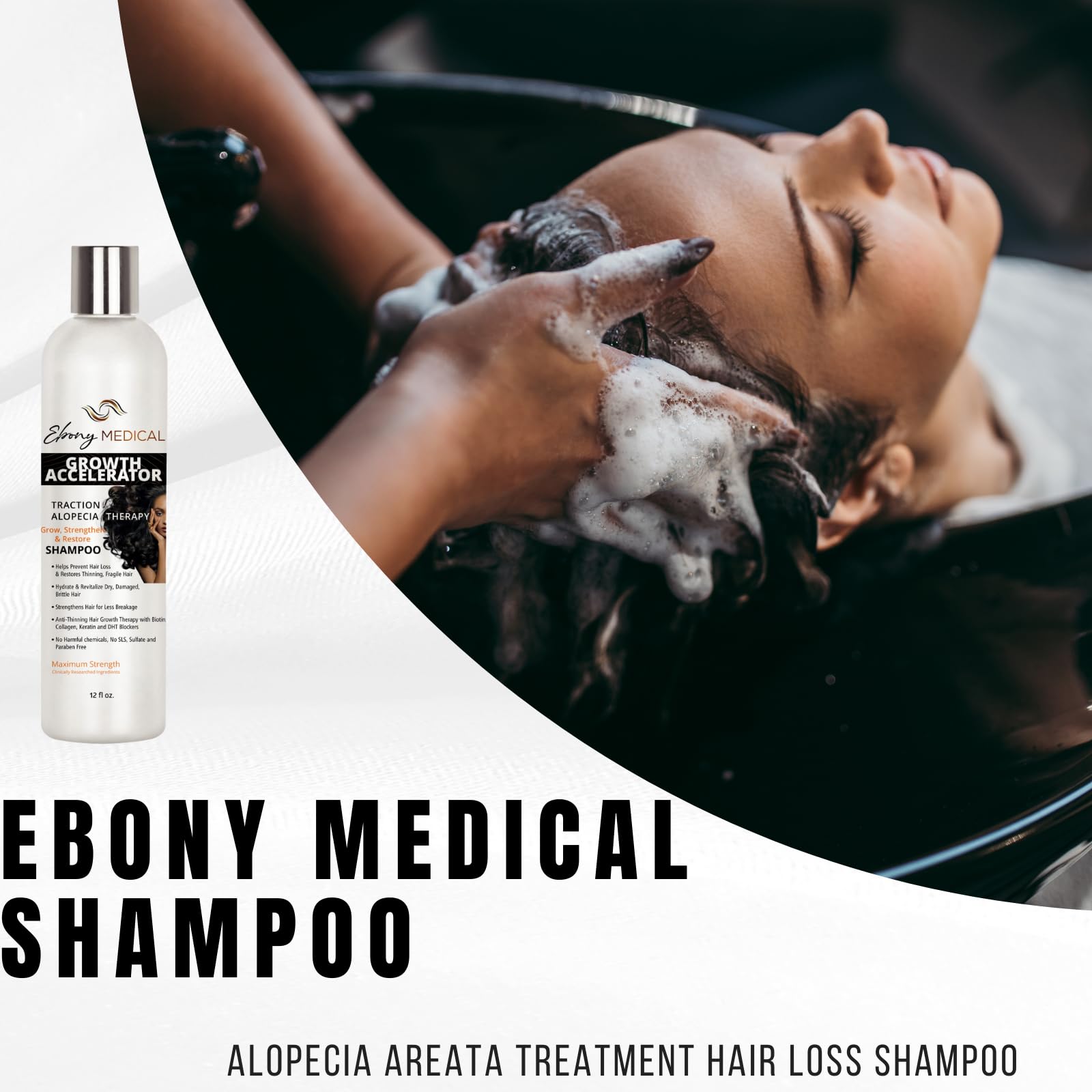 Natural Curves Ebony Shampoo bottle on bathroom shelf for daily scalp care.
