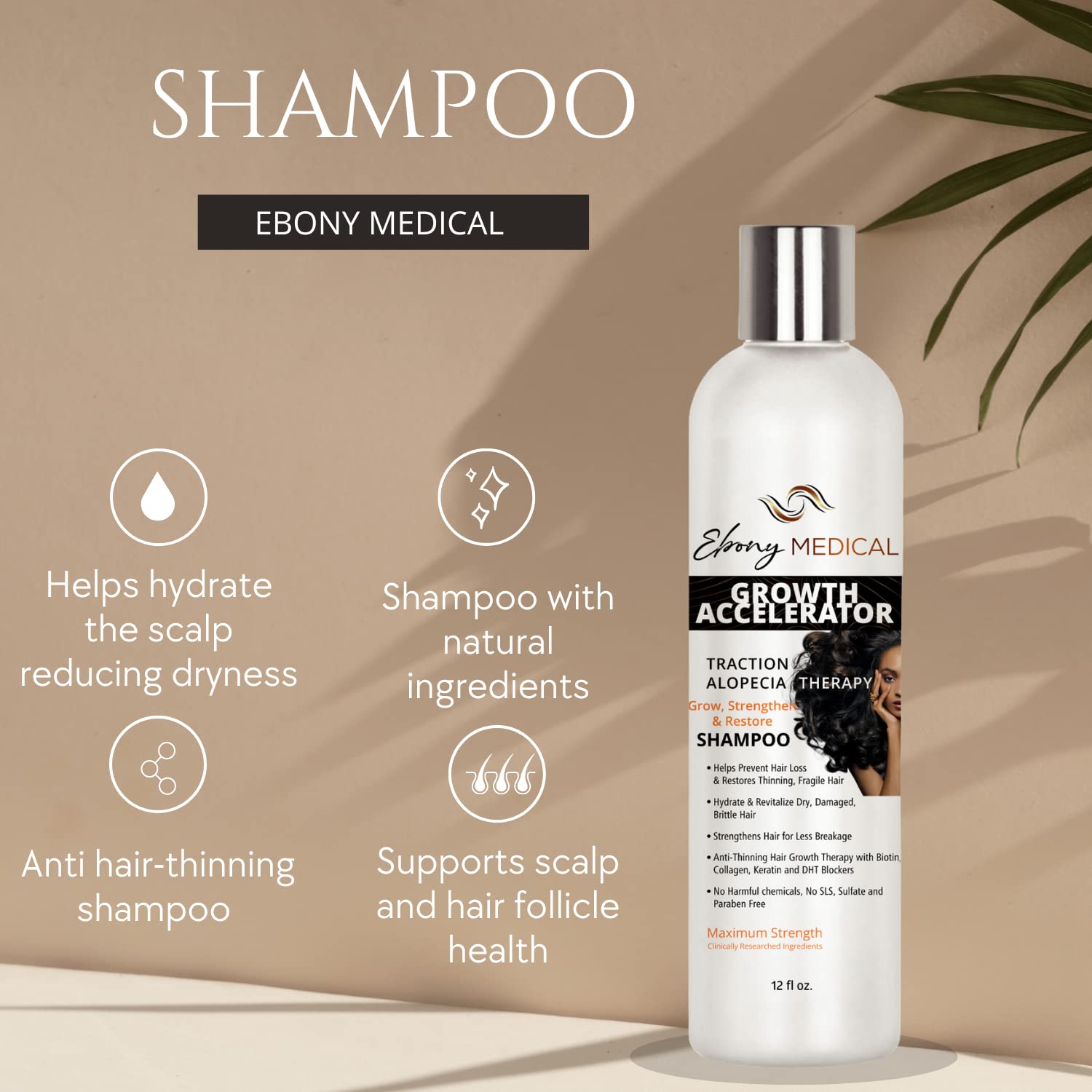 Natural Curves Ebony Medical Hair Support Shampoo close-up on dry, textured hair ready for nourishment.