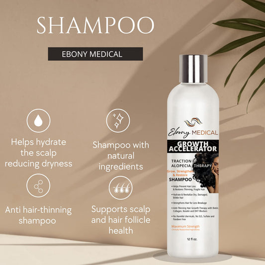 Natural Curves Ebony Medical Hair Support Shampoo close-up on dry, textured hair ready for nourishment.